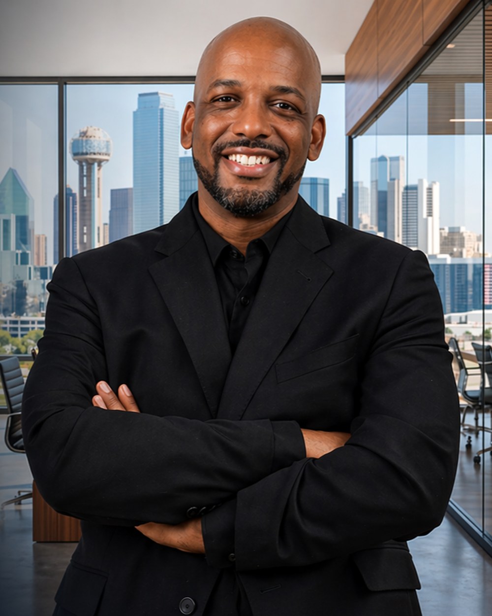 Chris, founder of Bell+Crown Collective, in a downtown Dallas office
